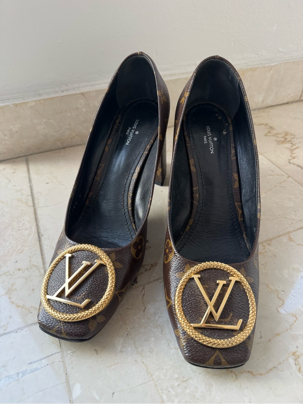 Louis Vuitton Brown Monogram Pumps with Gold LV Emblem